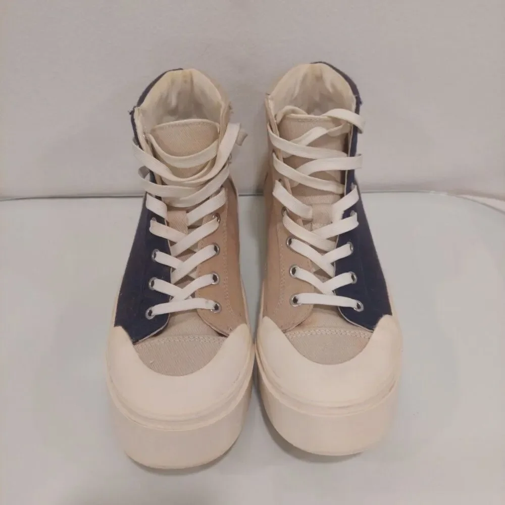 Limited H&M + GOOD NEWS Colab Navy/Sand Canvas Hightop Sneakers Women Sz 7 EU 39